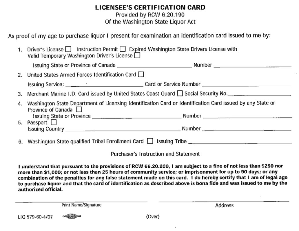 Washington Licensee's Certification Card